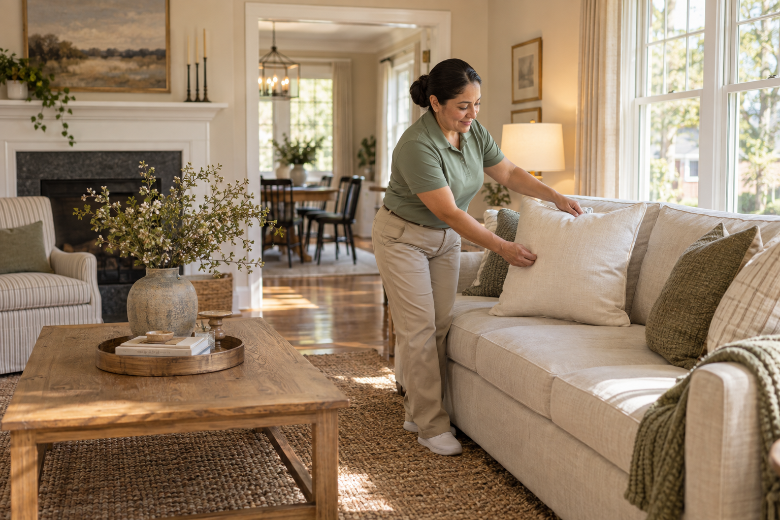 AI illustration of a Hispanic cleaning professional refreshing a cozy living room